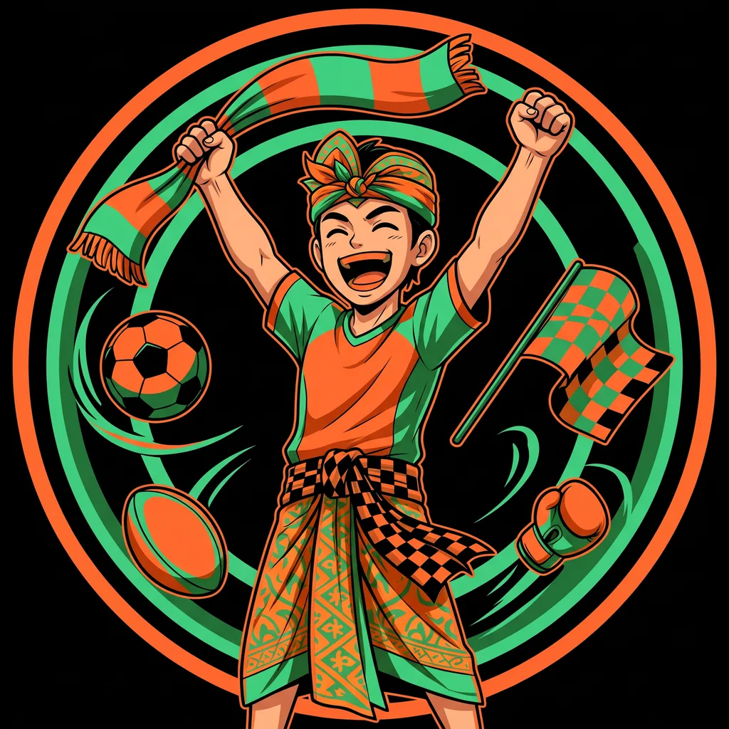 The Kickoff Bali Super Fan: a cheering Balinese fan in udeng and kamen, waving a scarf, with a football, rugby ball, chequered flag and boxing glove around him
